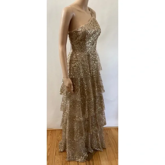 MARCHESA NOTTE GOLD GLITTER & BEADED TIERED GOWN - Picture 2 of 7
